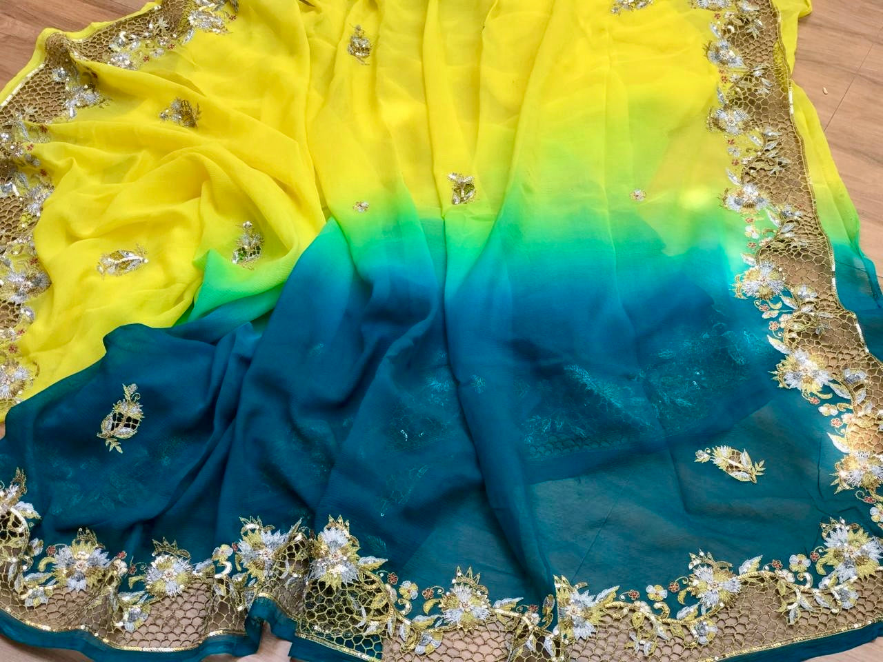 Ombre yellow Shaded Cutwork Border Saree