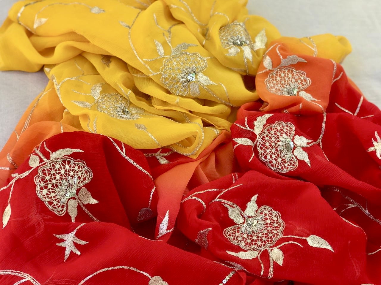 Ombre yellow red Zari Jaal saree