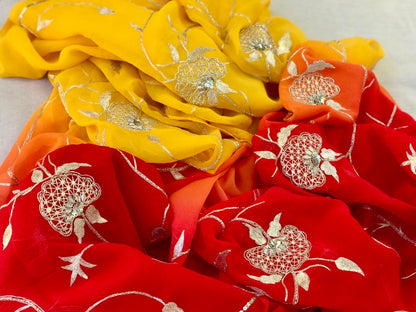 Ombre yellow red Zari Jaal saree