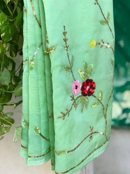 Mint Green sequins Jaal saree