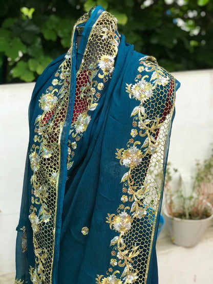 Teal Blue Cutwork Border saree