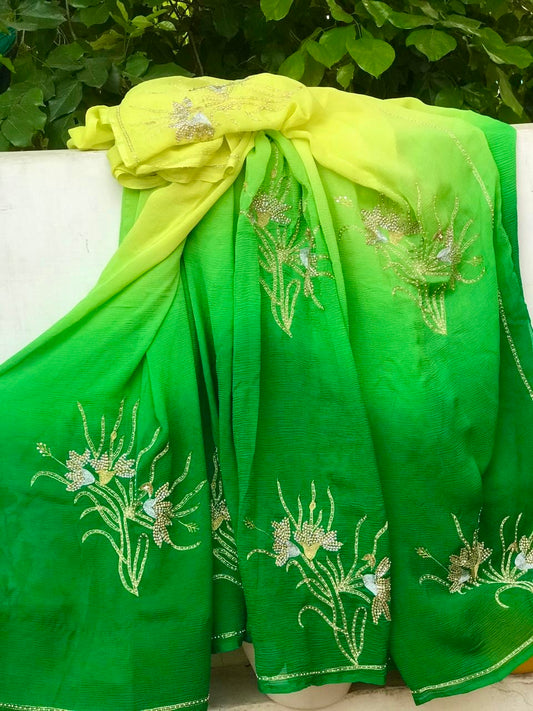 Ombre yellow shaded Zari Buta saree