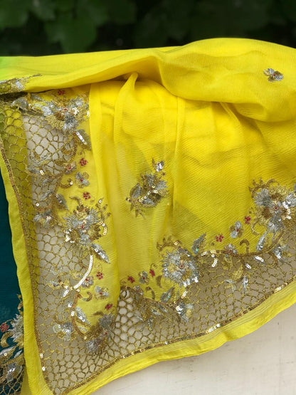 Ombre yellow Shaded Cutwork Border Saree