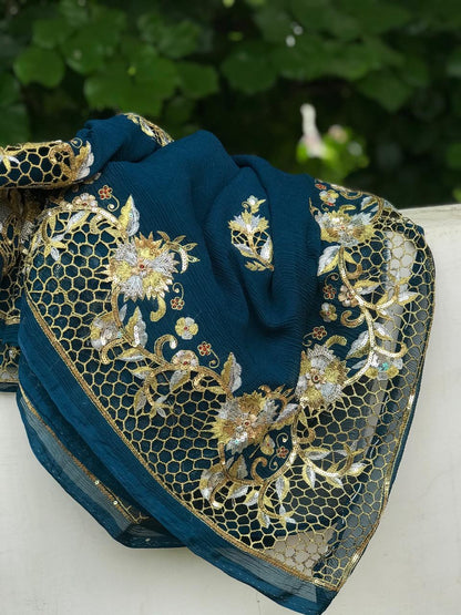 Teal Blue Cutwork Border saree