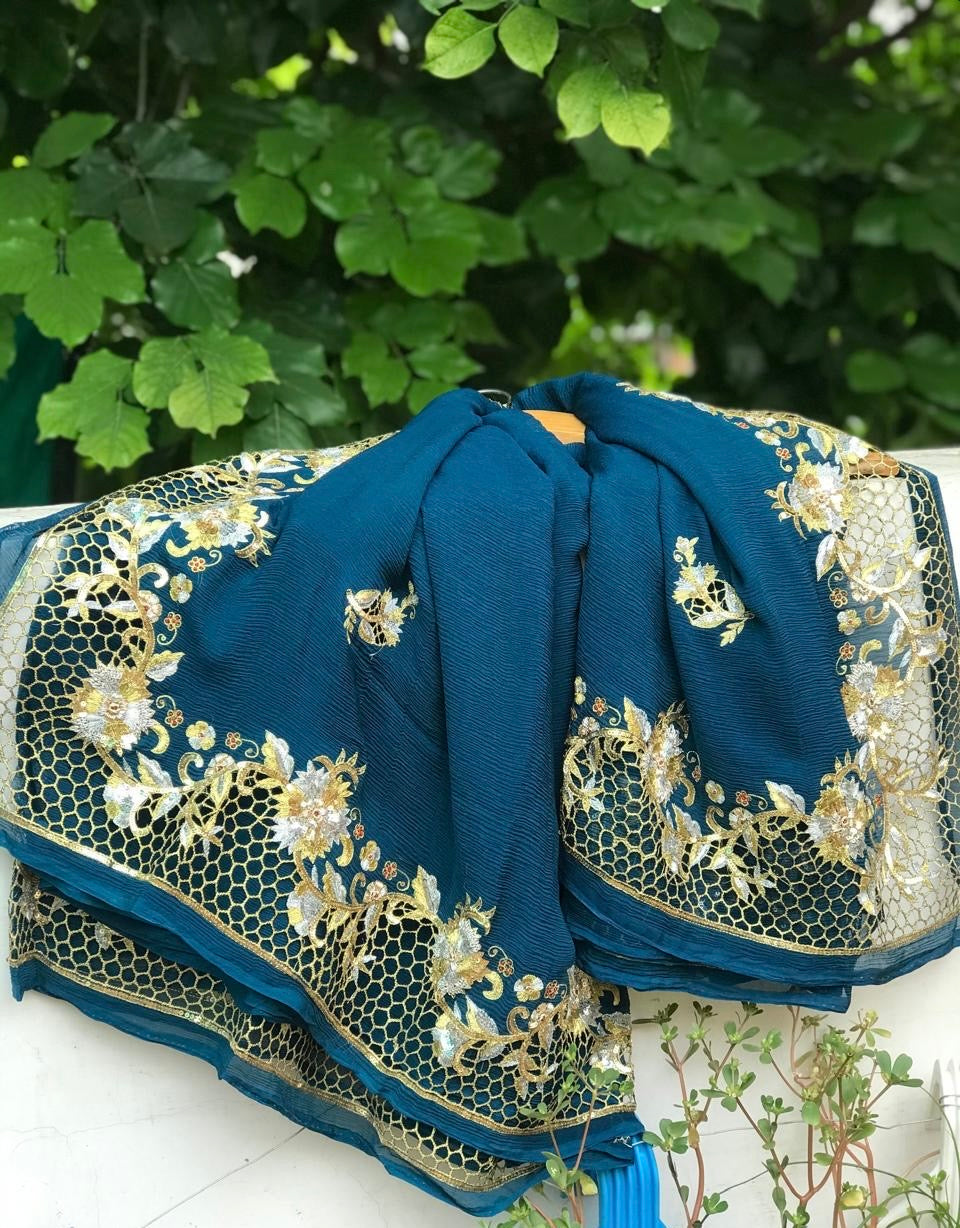 Teal Blue Cutwork Border saree