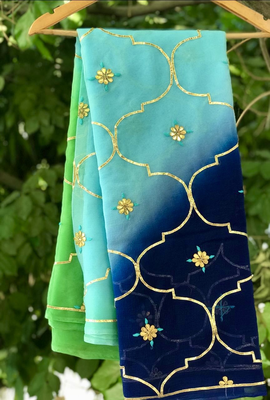 Ombre blue shaded gotta jaal saree