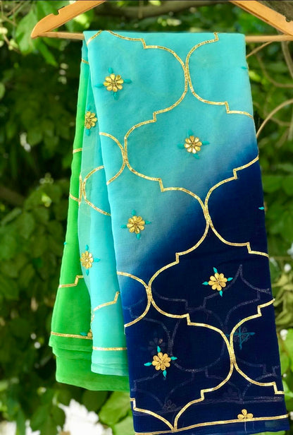 Ombre blue shaded gotta jaal saree
