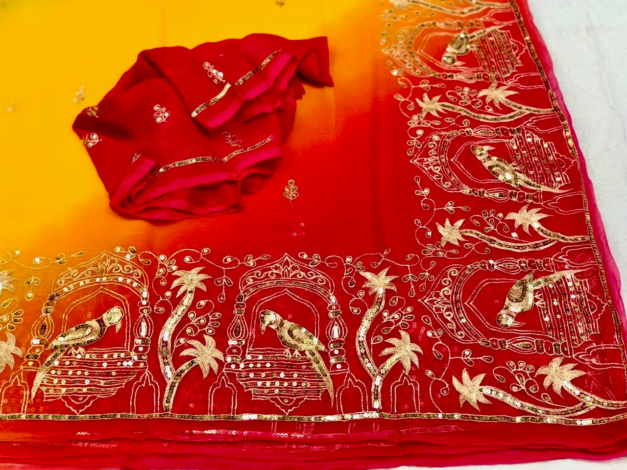 Ombre shaded Bird Border saree
