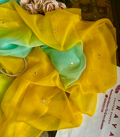 Yellow Blue Floral Mukaish saree