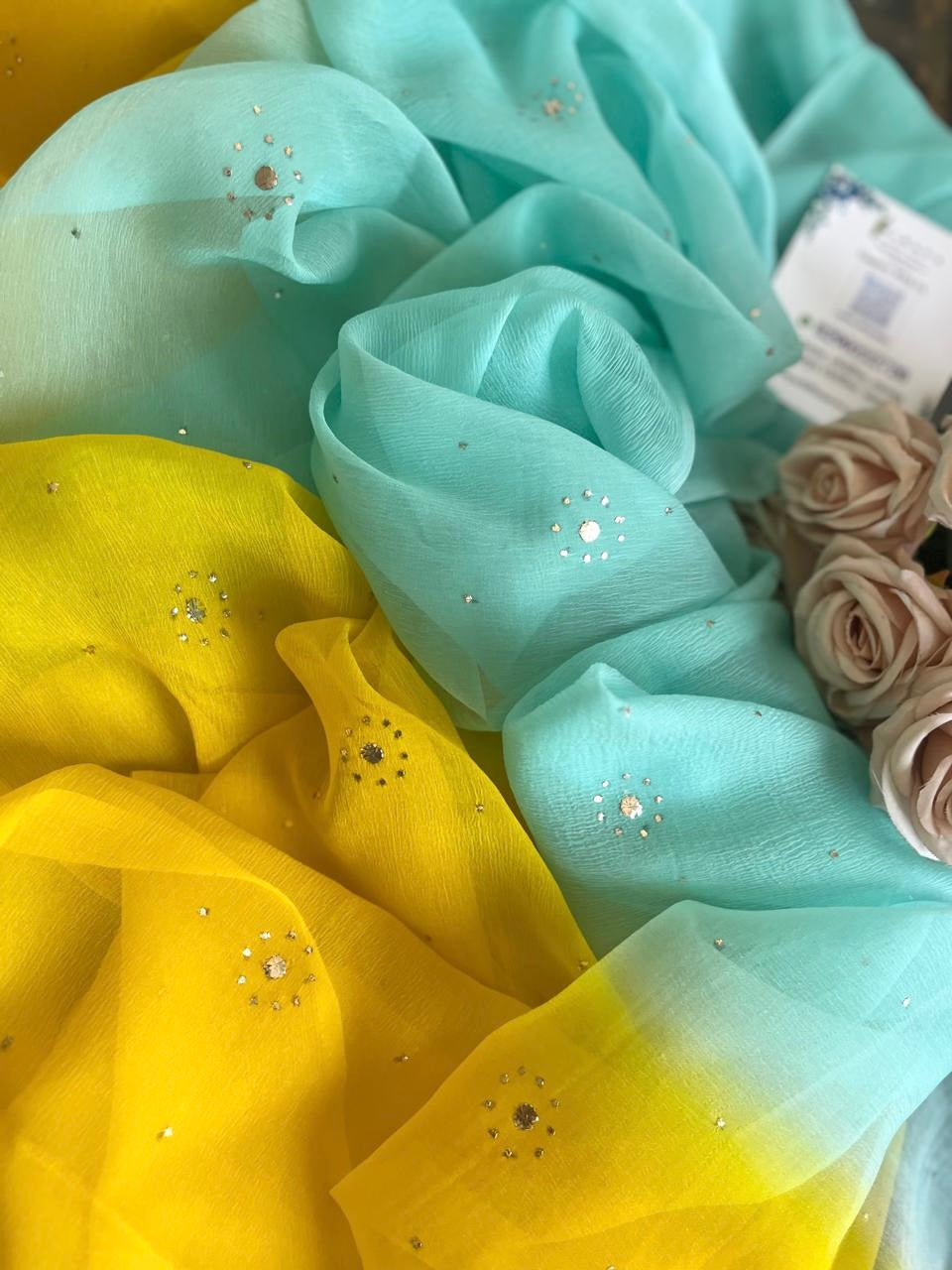 Yellow Blue Floral Mukaish saree