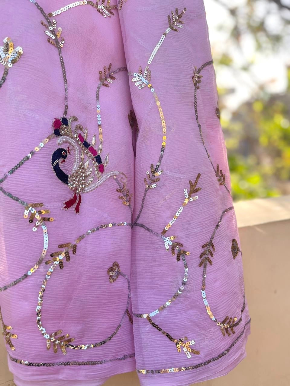 Baby Pink Peacock Sequins Jaal Saree