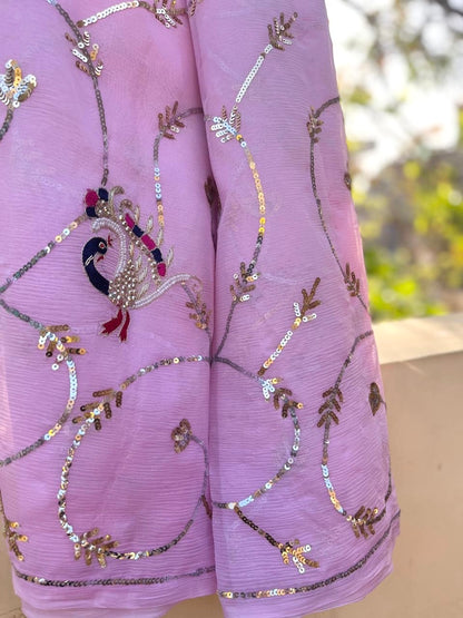 Baby Pink Peacock Sequins Jaal Saree