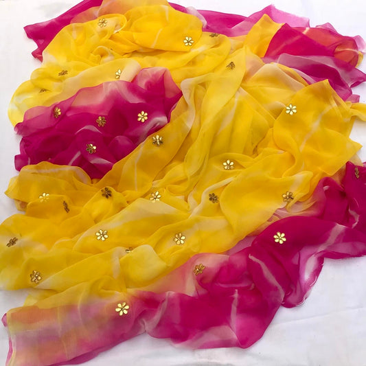 Yellow magenta Gottapatti Leheriya saree