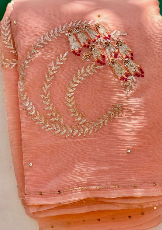 Peach Zari Buta saree