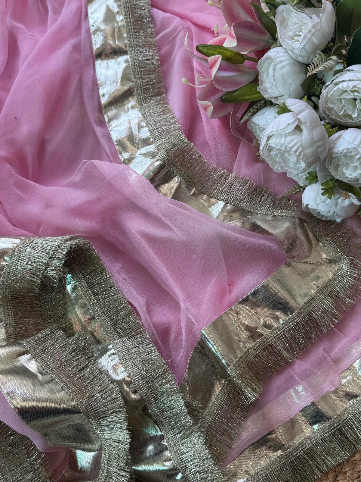 Pink Mukaish silver lappa border