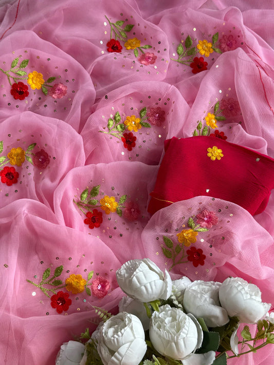 Gulabi Resham Buti saree