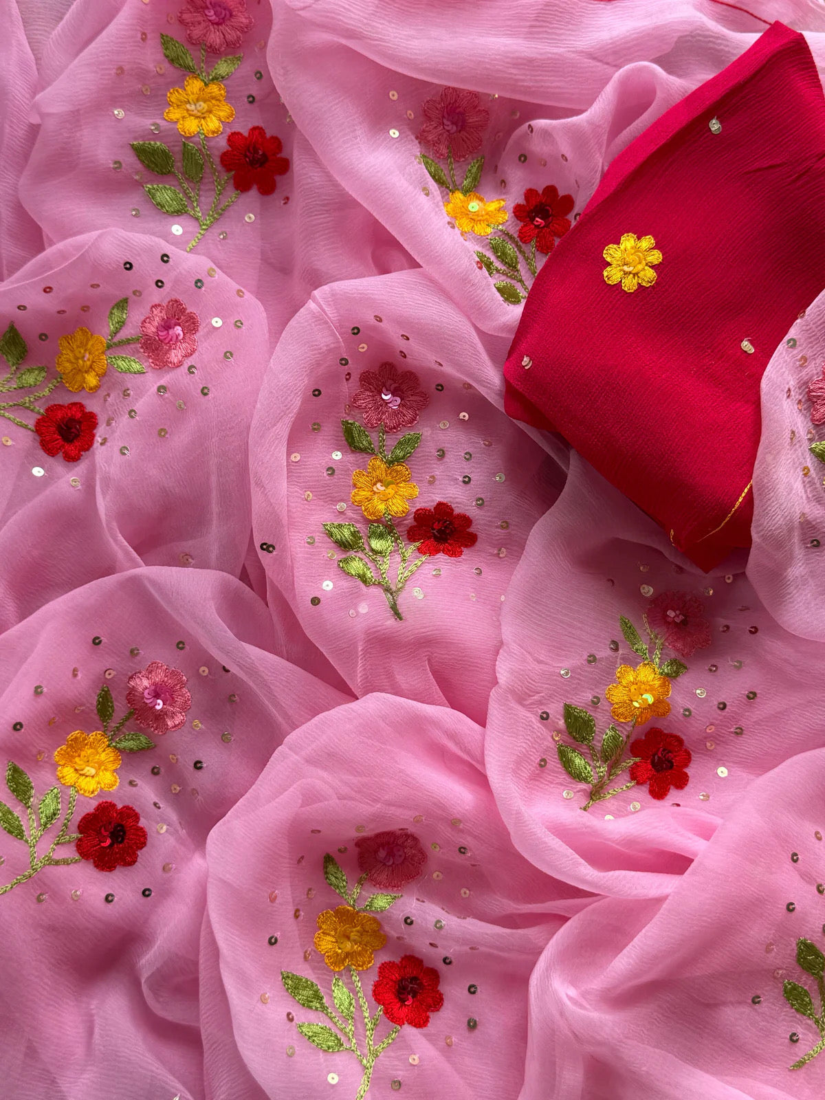 Gulabi Resham Buti saree