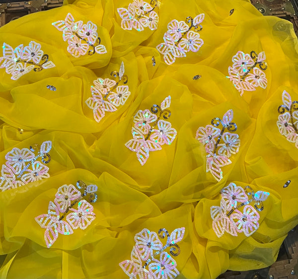 Yellow sequins Buta saree