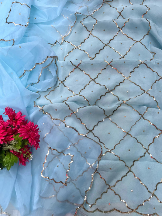 Sky blue sequins Jaal suit
