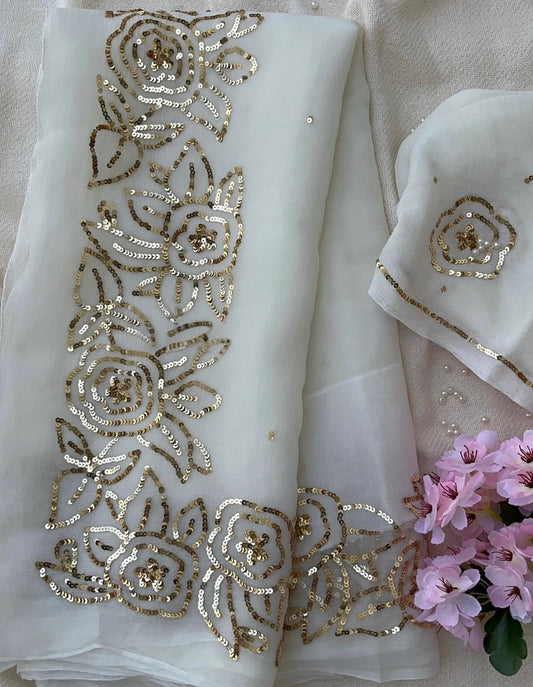 White rose border saree