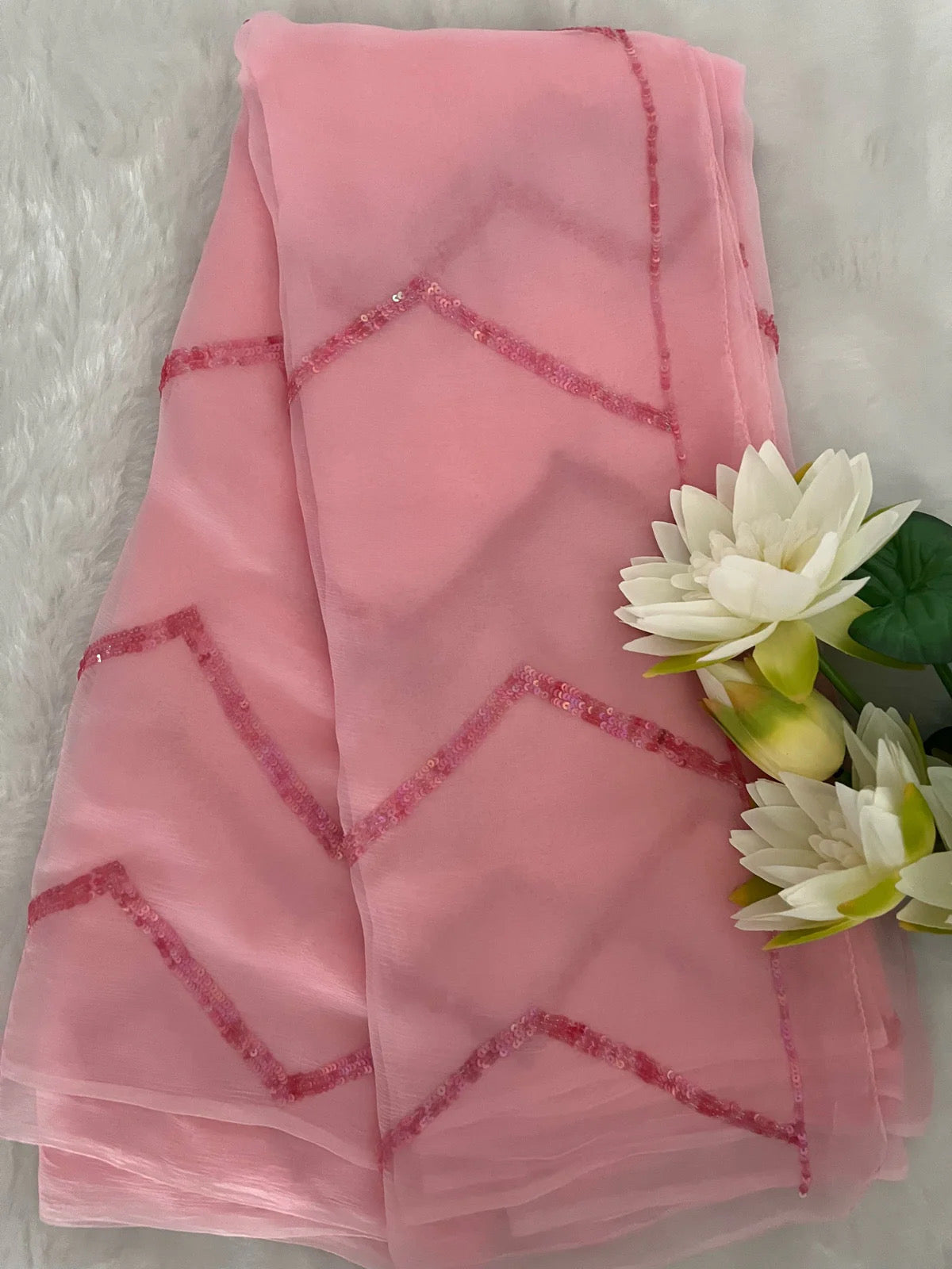 Pink sequins stripe saree