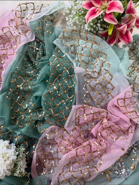 Ombre pink olive shaded sequins border saree