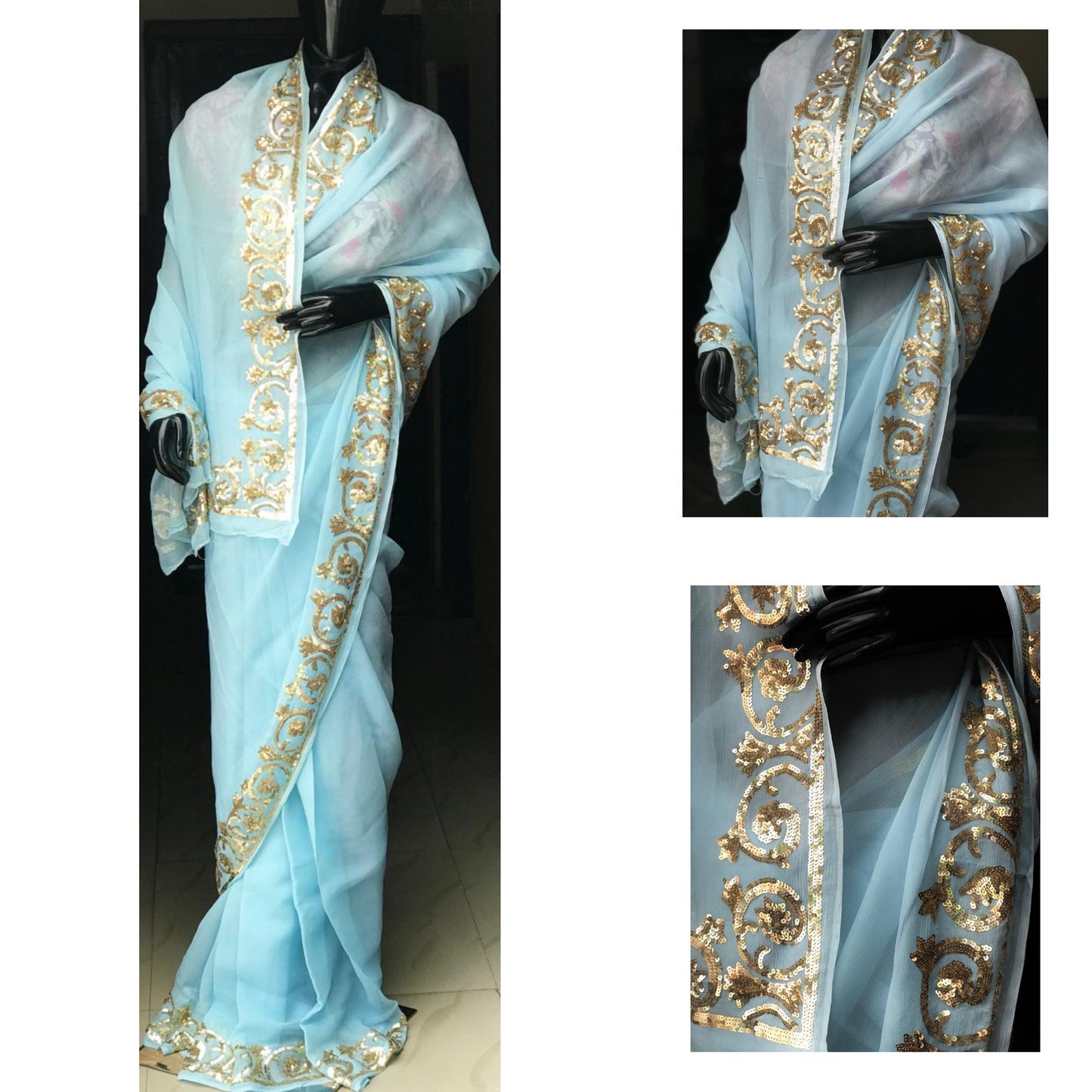 Aqua golden sequins Border saree
