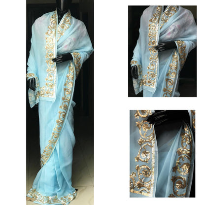 Aqua golden sequins Border saree