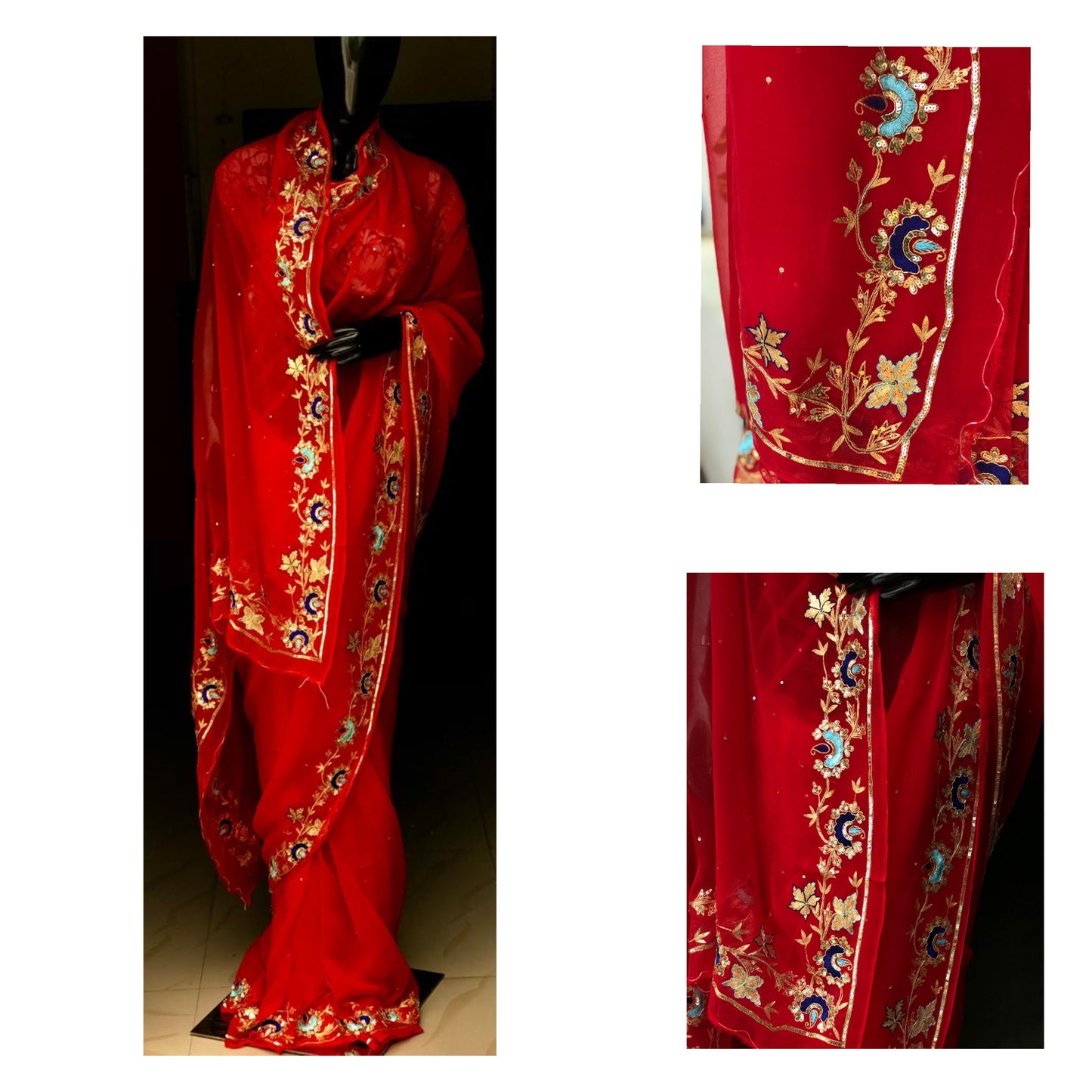 Red Zari Resham sequins Border saree