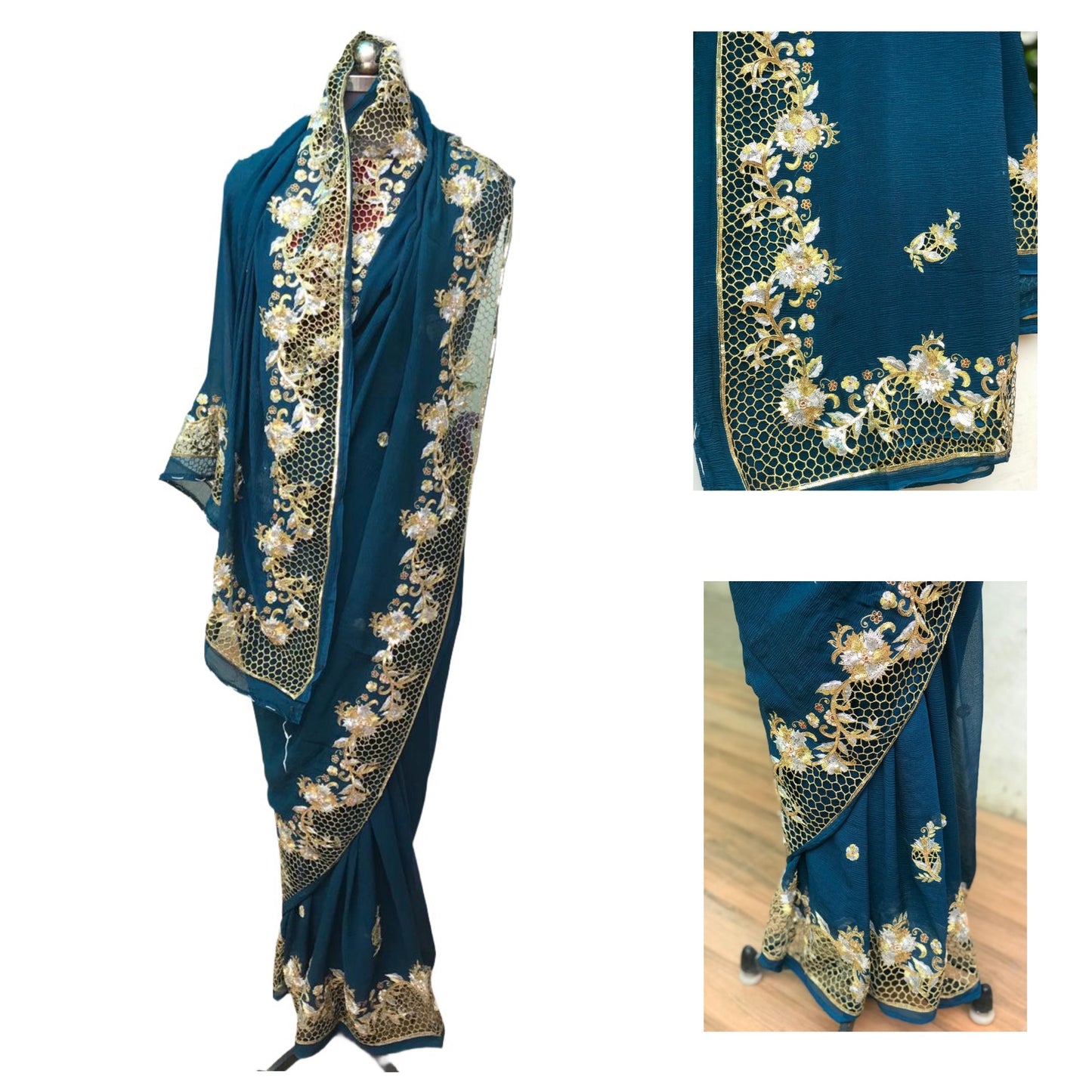 Teal Blue Cutwork Border saree