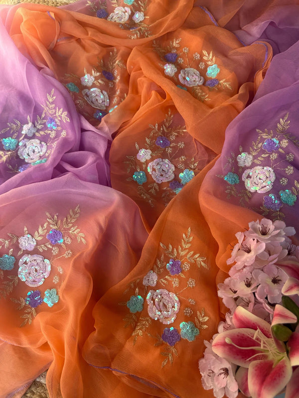 Peach Lavender Floral Bunch saree