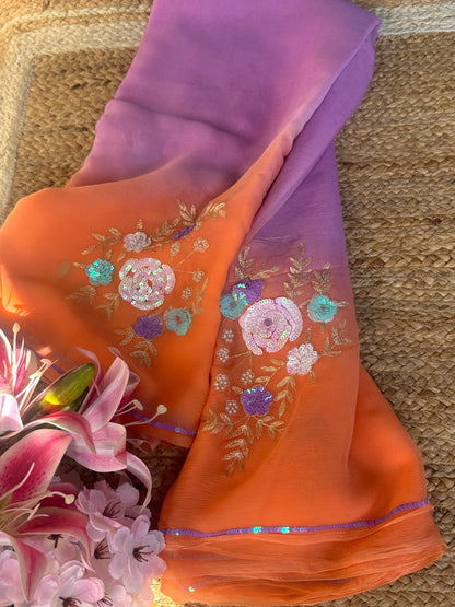 Peach Lavender Floral Bunch saree