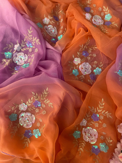 Peach Lavender Floral Bunch saree