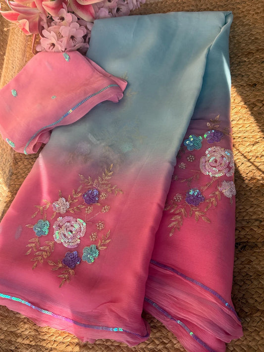 Pink Blue Floral Bunch saree