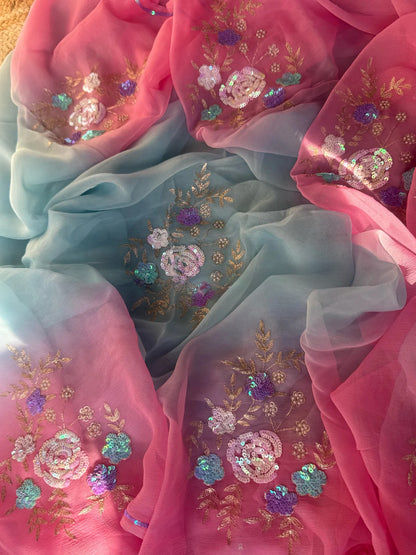 Pink Blue Floral Bunch saree