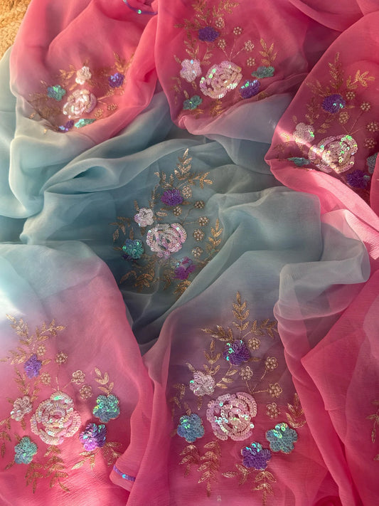 Pink Blue Floral Bunch saree