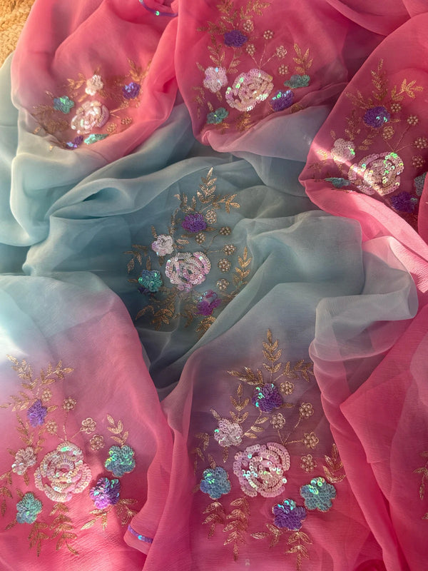 Pink Blue Floral Bunch saree