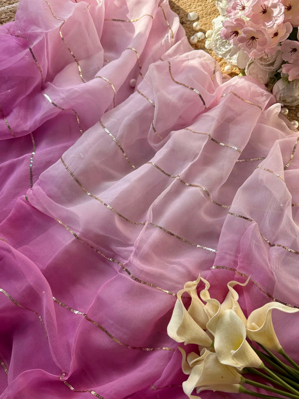 Ombre pink sequins stripe sarees