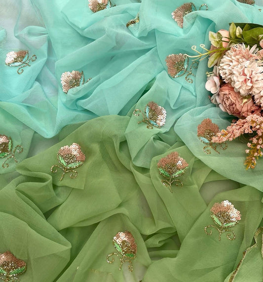 Ombre Sky blue shaded sequins buta saree