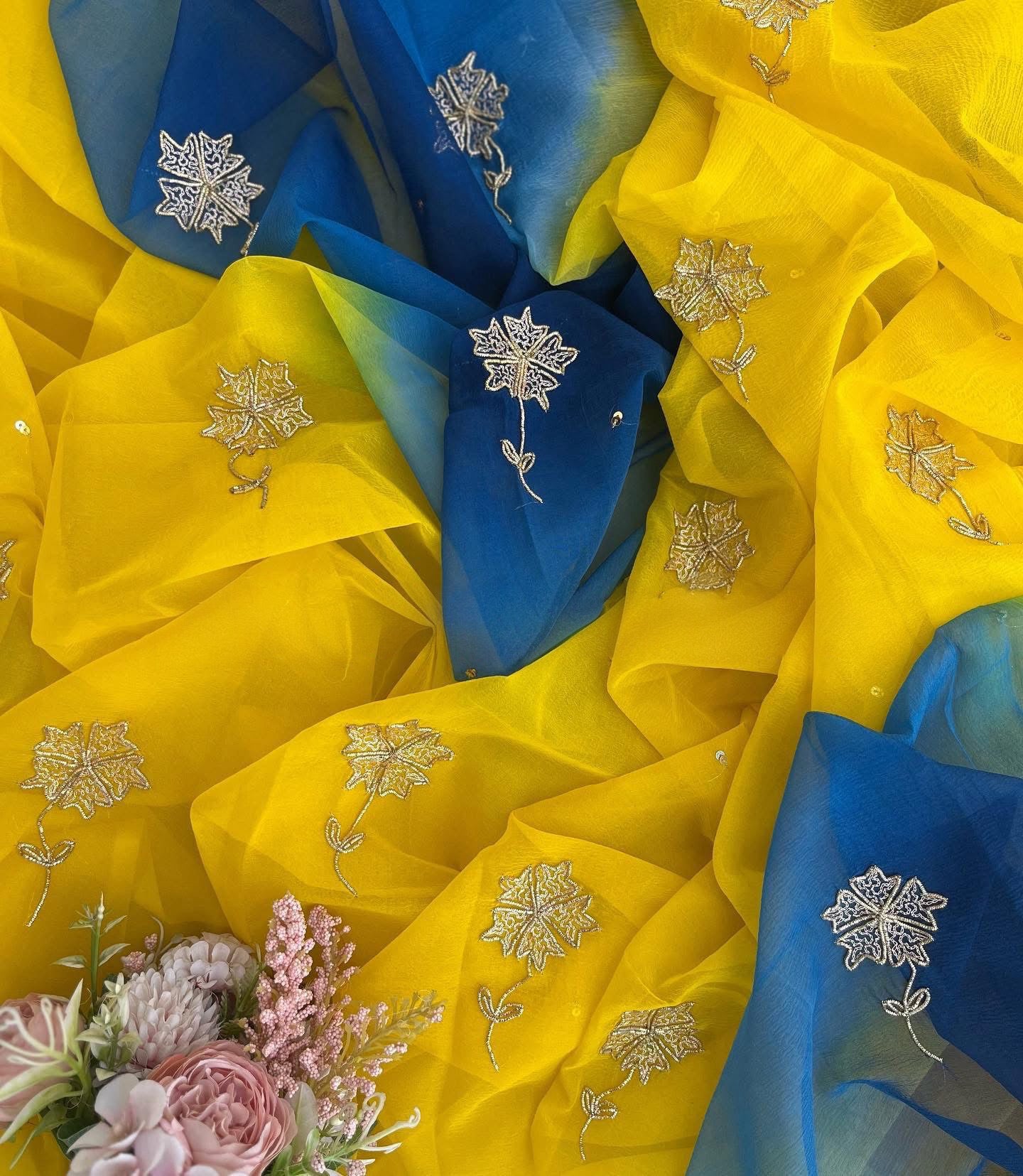 Ombre yellow blue zari buta saree