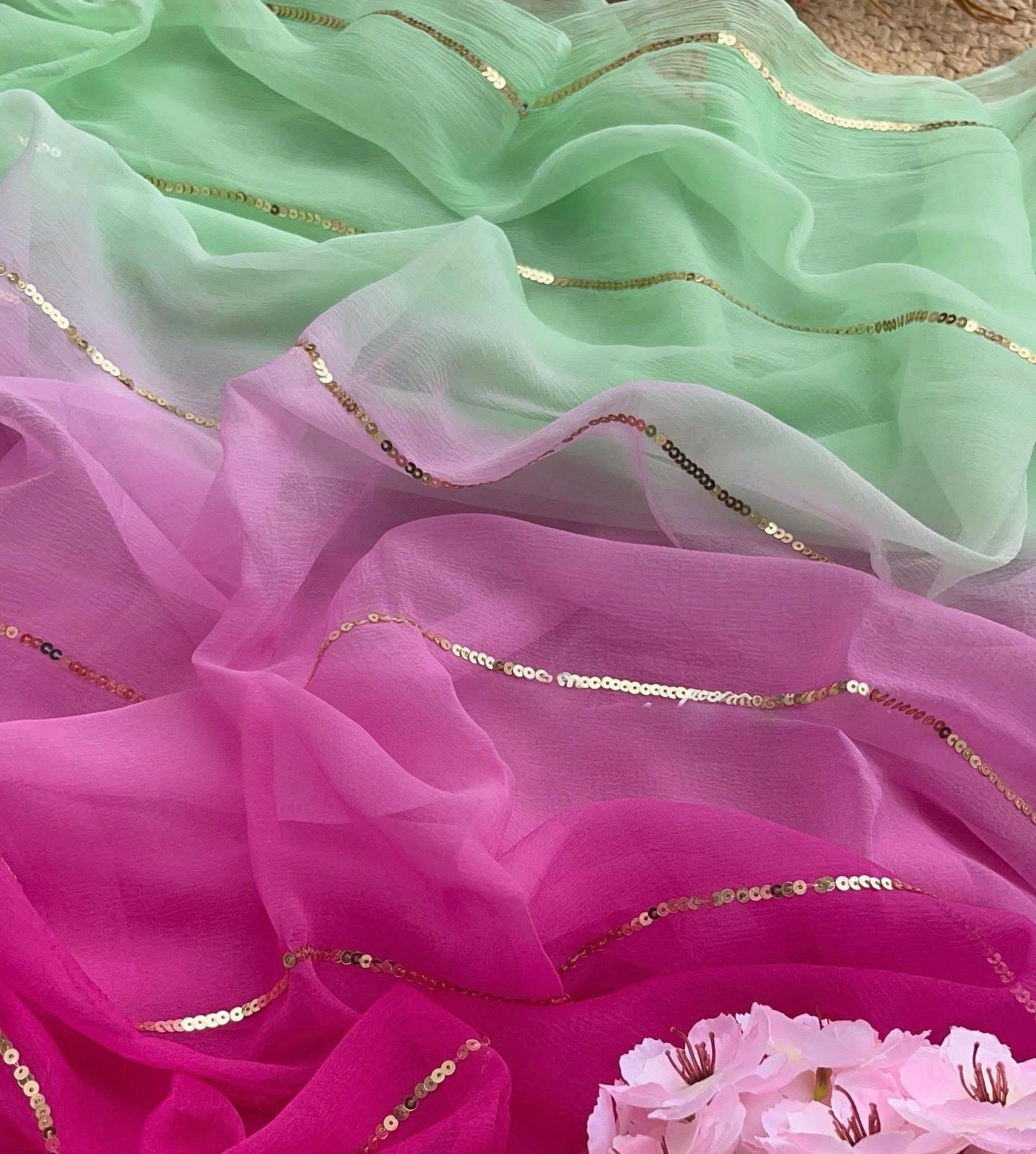 Ombre pink shaded sequins line saree