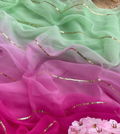 Ombre pink shaded sequins line saree