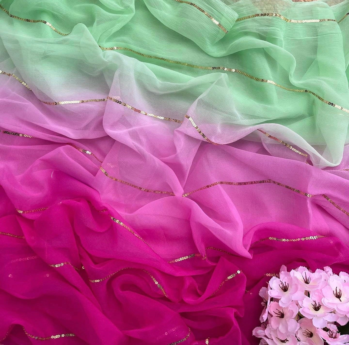Ombre pink shaded sequins line saree