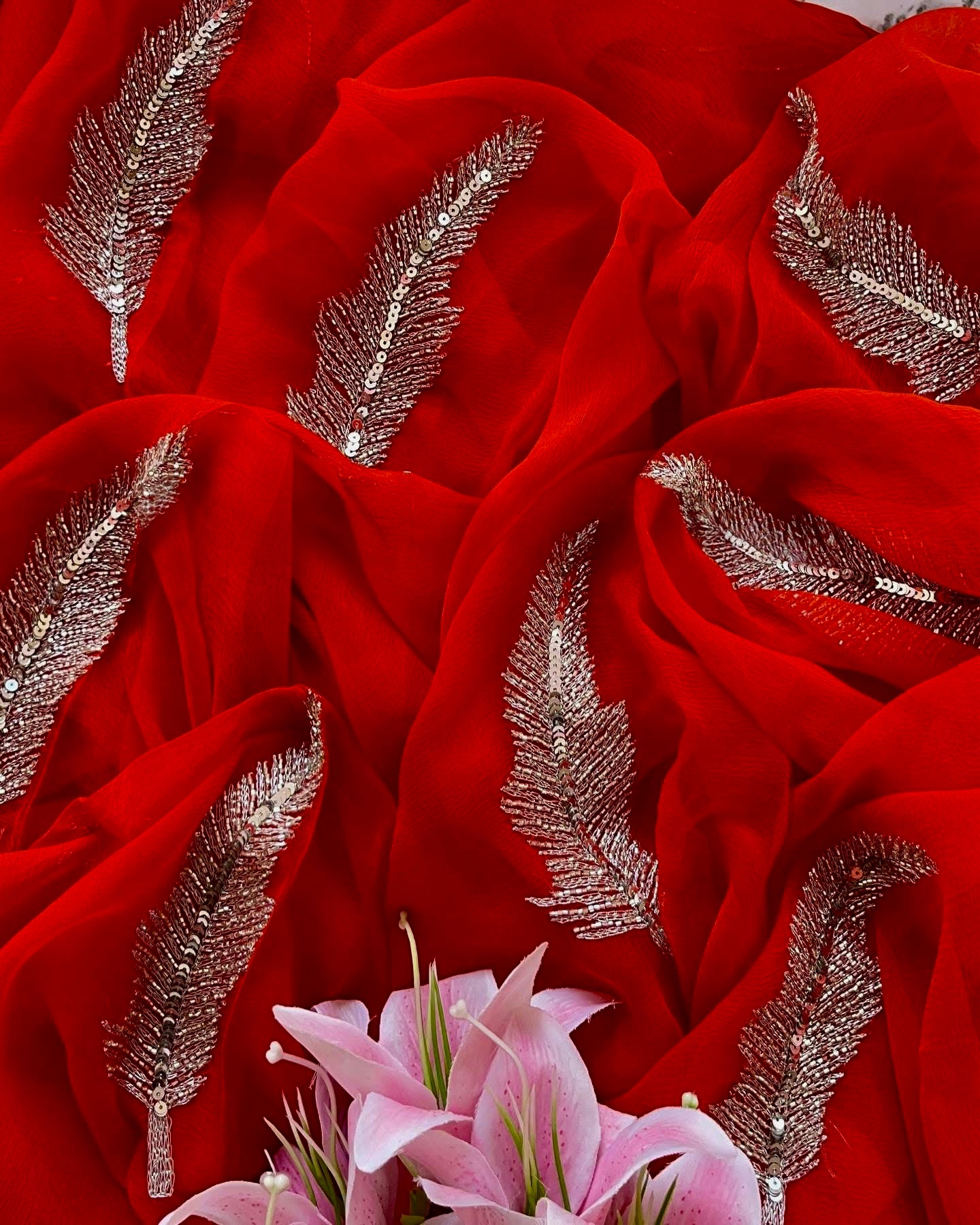 Red Zari sequins Buta saree