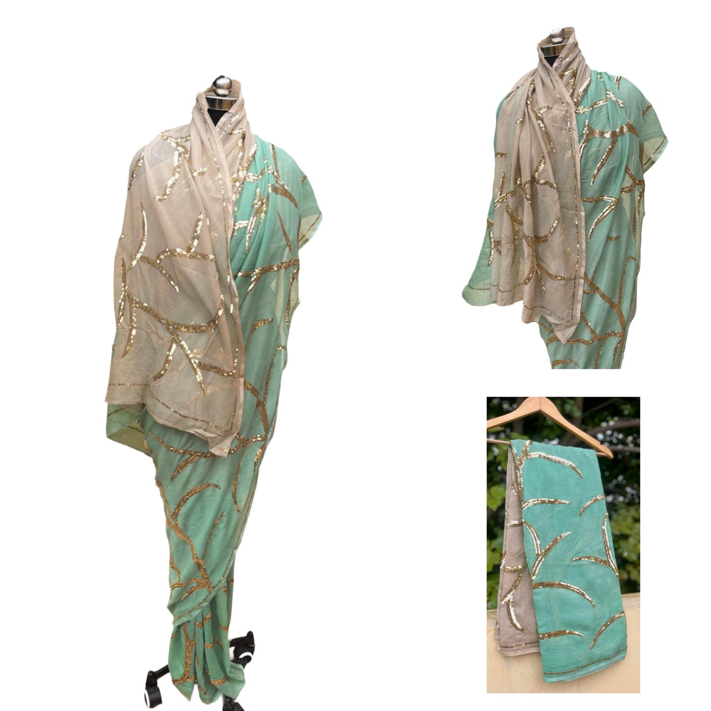 Ombre mint green shaded sequins jaal saree