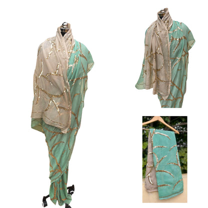 Ombre mint green shaded sequins jaal saree