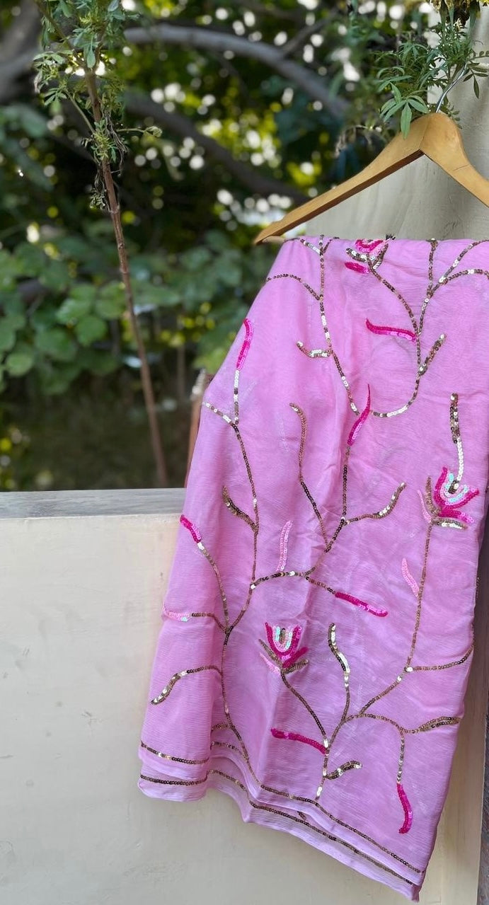 Pink sequins jaal saree
