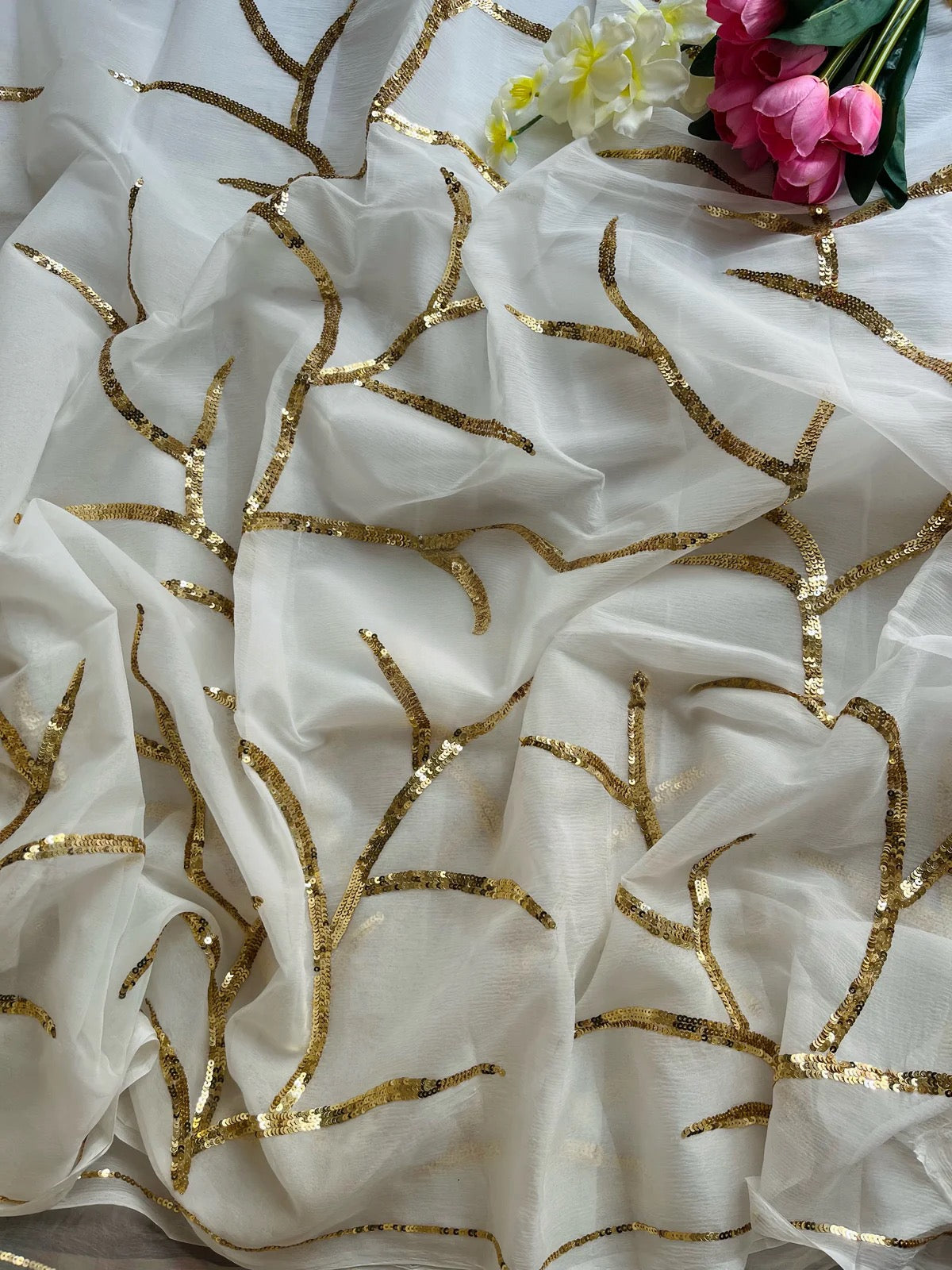 White &gold sequins cocktail saree