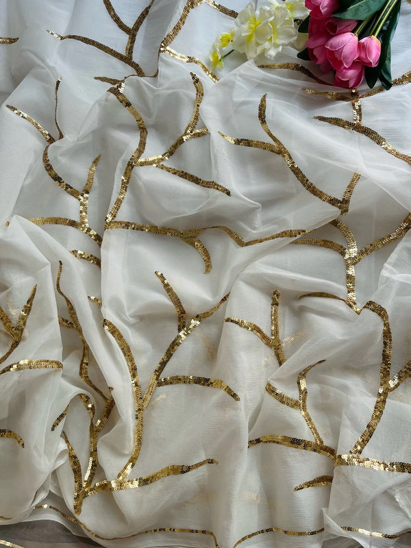 White &gold sequins cocktail saree