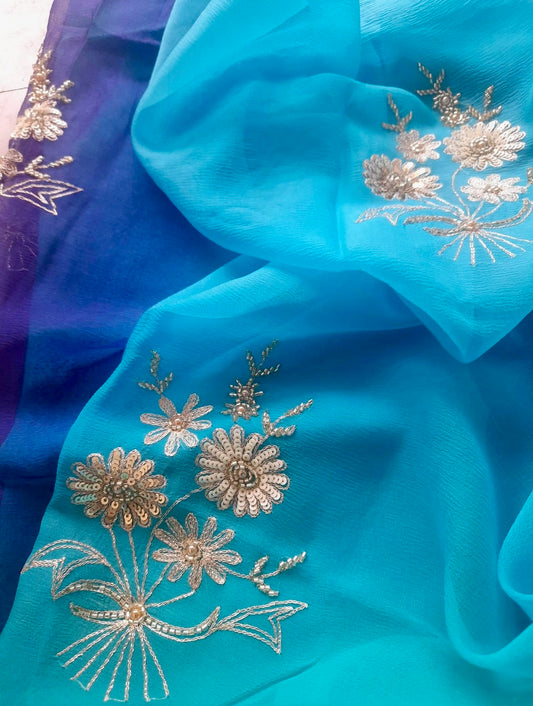 Ombre blue shaded zari buta saree